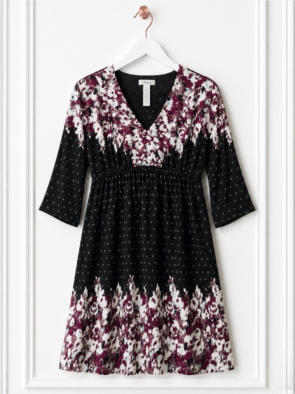 Soma $99 Womens Small Black Print Empire Waist 3/4 Sleeve Jersey Fit Flare Dress